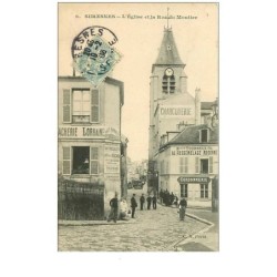92.SURESNES.n°181.L'EGLISE ET LA RUE DU MOUTIER.CORDONNERIE Mson TOURNEUX FILS AU RESSEMELAGE MODERNE.VACHERIE LORRAINE